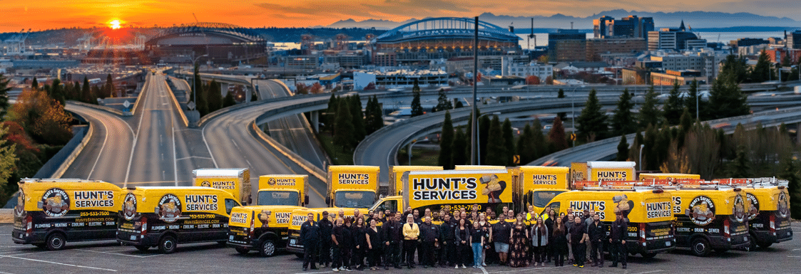 Team and trucks outside